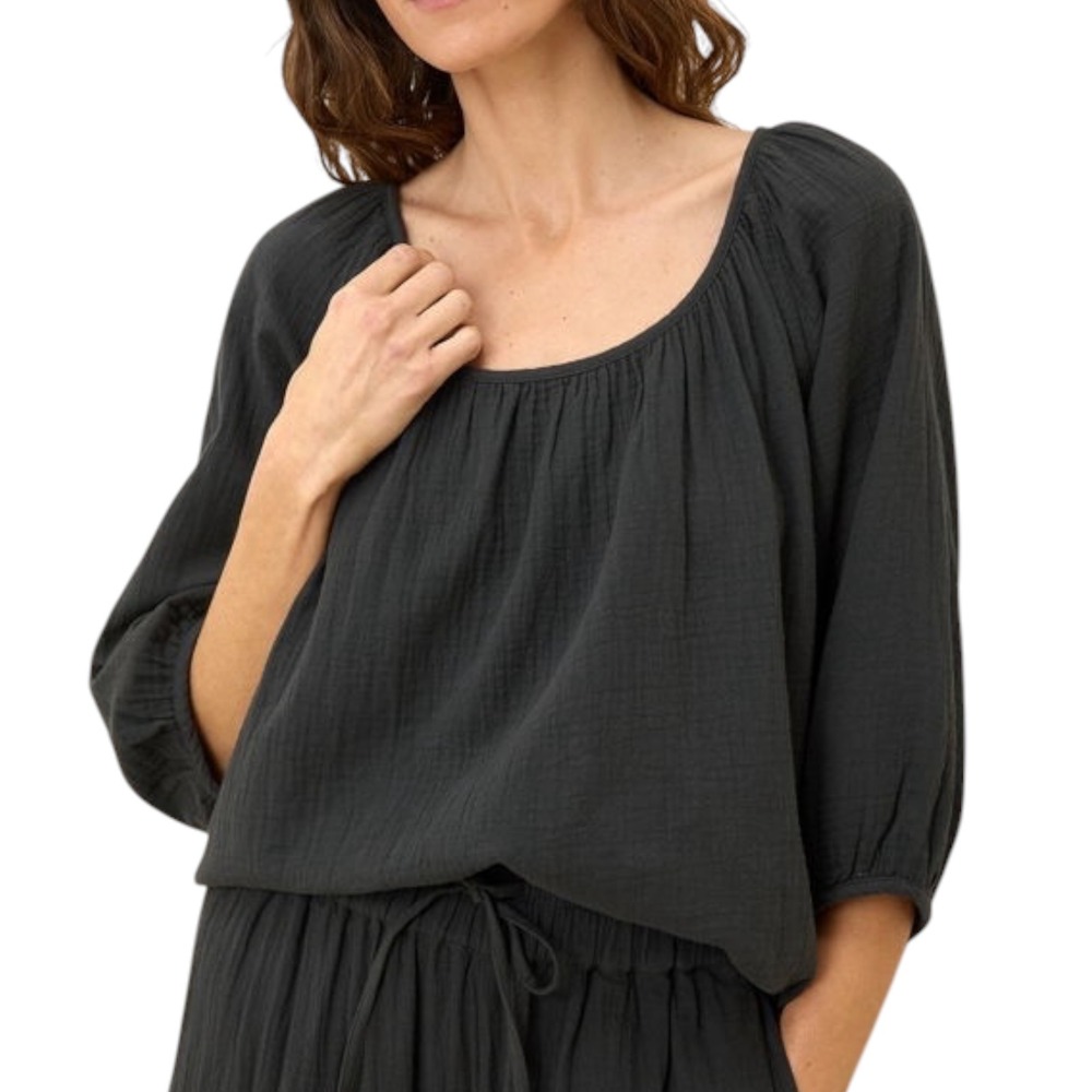 Pact Coastal Gauze Scoop Neck Top Organic Cotton Blouse Charcoal Gray Small